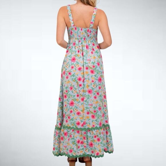 Size S Easel Los Angeles Blue Floral Contrast Wavy Trim Maxi Dress - Picture 2 of 8